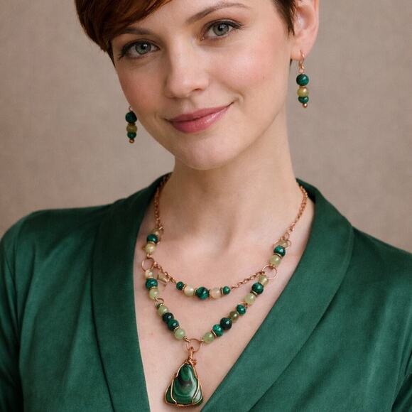 Jewelry - Malachite triangle cabochon  1 1/2 copper wire wrap green black 20 inches
